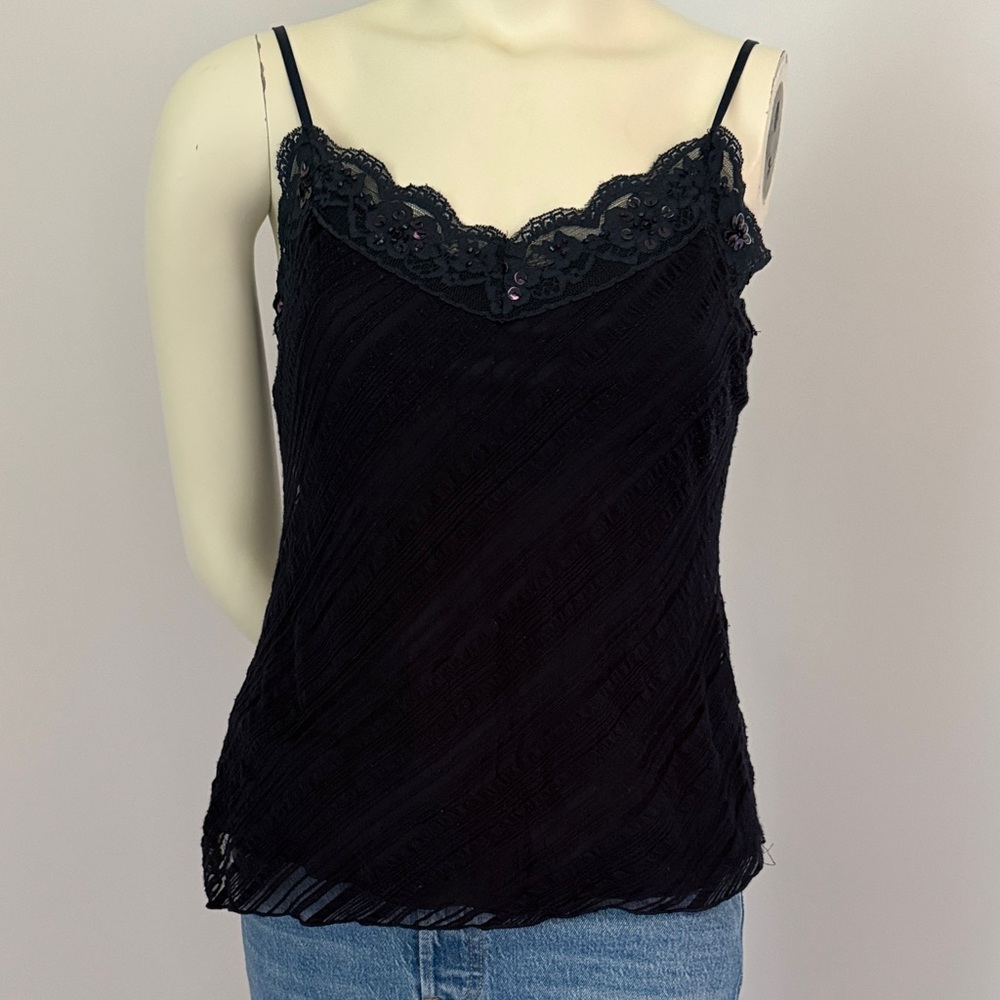 Dark Blue Lace-Trim Spaghetti Strap Camisole Top